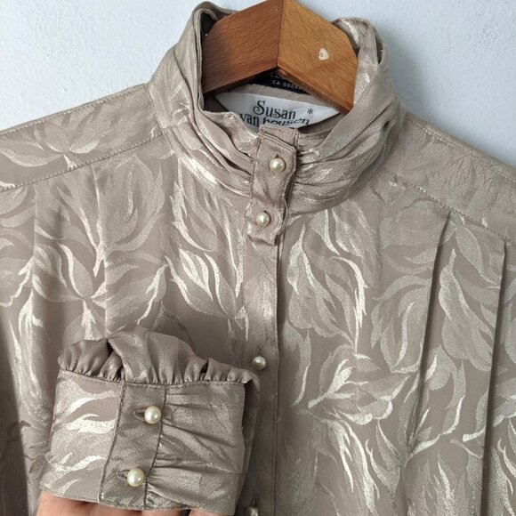 Vintage Susan Van Heusen Silky Jacquard Blouse High Neck Ruffled Arm Silky 80s - Picture 10 of 13